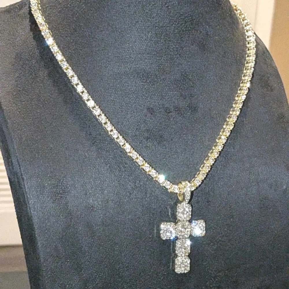 14k Yellow Gold Plated Lab Created Diamond Cross Pendant Tennis Necklace 18